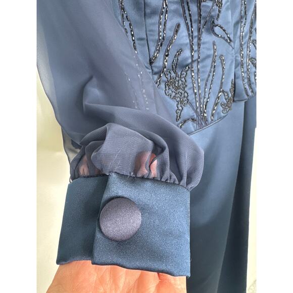 1990s Eve of Milady Navy Beaded Evening Dress with Sheer Sleeves M - L - Picture 6 of 14